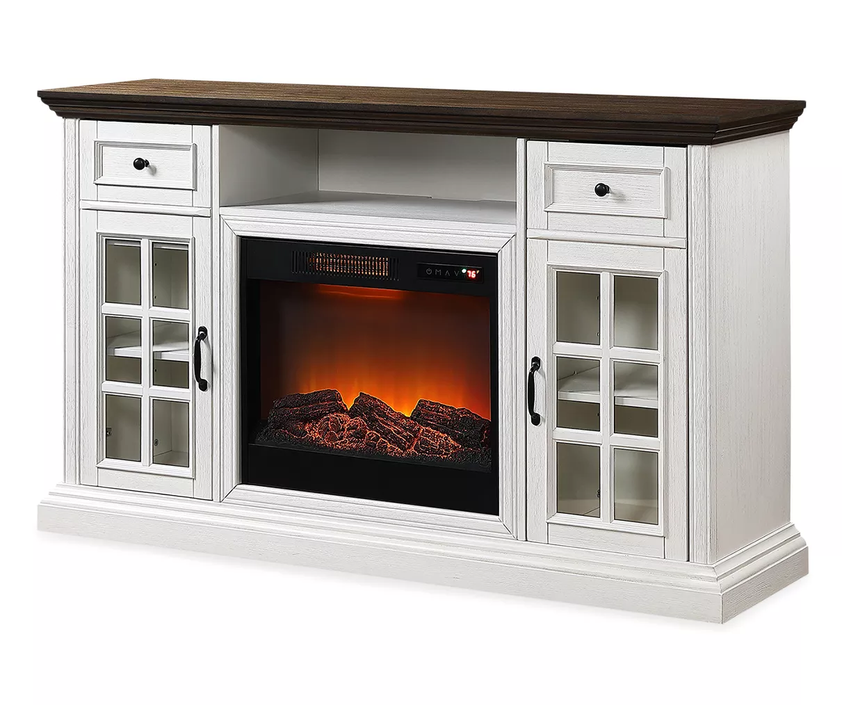 60" Brown & White Glass Door Fireplace Console 4 60" Brown & White Glass Door Fireplace Console - Image 2