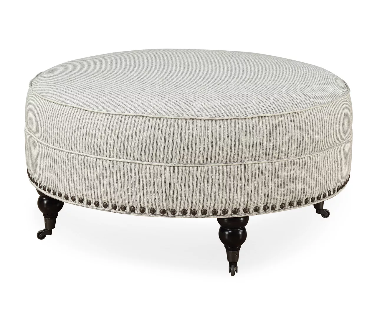 Pebble Gray Striped Upholstered Round Ottoman 3 Pebble Gray Striped Upholstered Round Ottoman