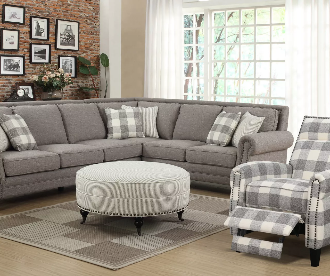 Pebble Gray Striped Upholstered Round Ottoman 4 Pebble Gray Striped Upholstered Round Ottoman - Image 2