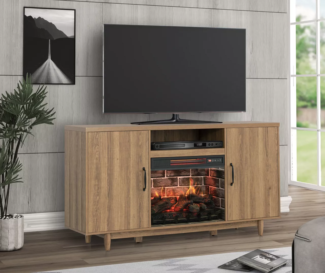 60" Modern Tan Electric Fireplace Console 3 60" Modern Tan Electric Fireplace Console - Image 2